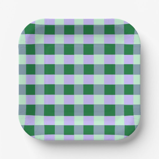 Plato De Papel Green & Lavender Gingham Stripes Karo Pattern (Anverso)
