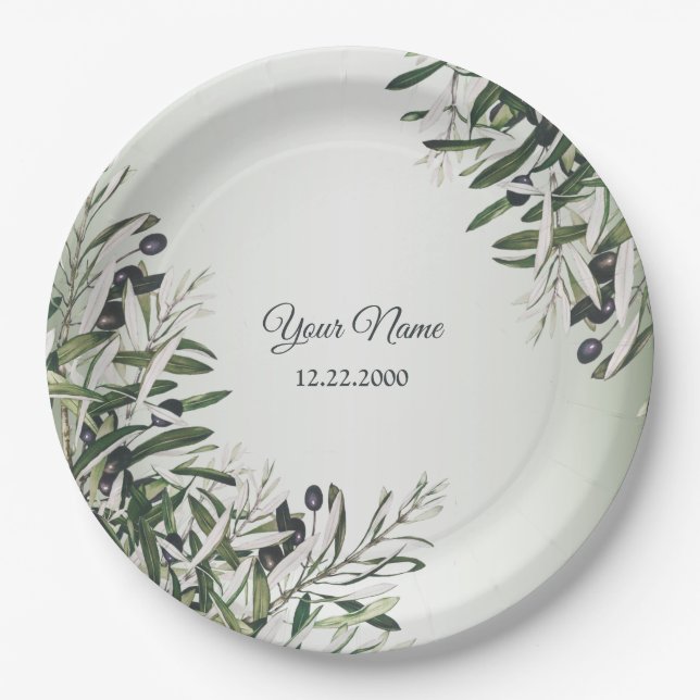 Plato De Papel Green Leaves Black Olive Elegant Wedding Party (Anverso)