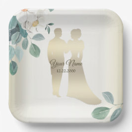 Plato De Papel Green Leaves Flower Golden Frame Wedding Party