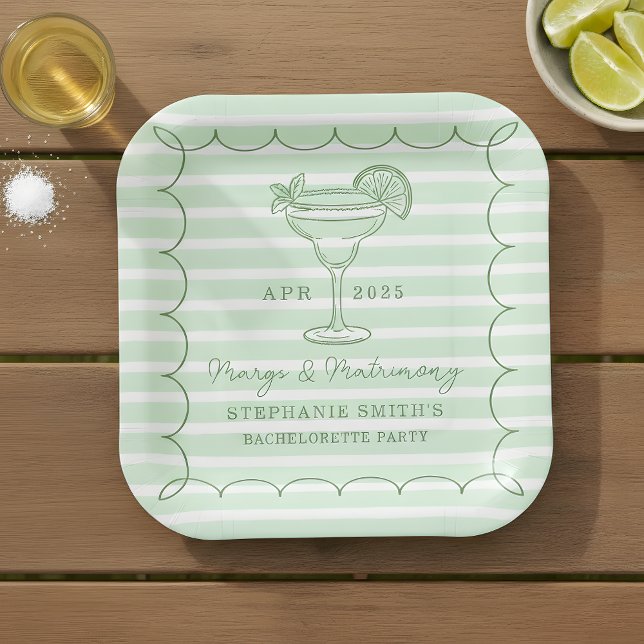 Plato De Papel Green Margs and Matrimony Bachelorette Party  (Set the tone for a lively pre-wedding celebration with this mint green “Margs & Matrimony” plate.)