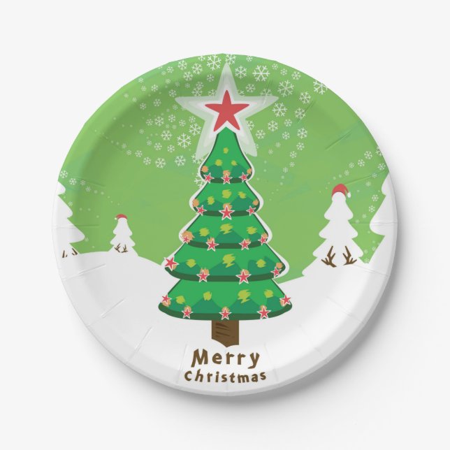 Plato De Papel Green Merry Christmas Tree (Anverso)
