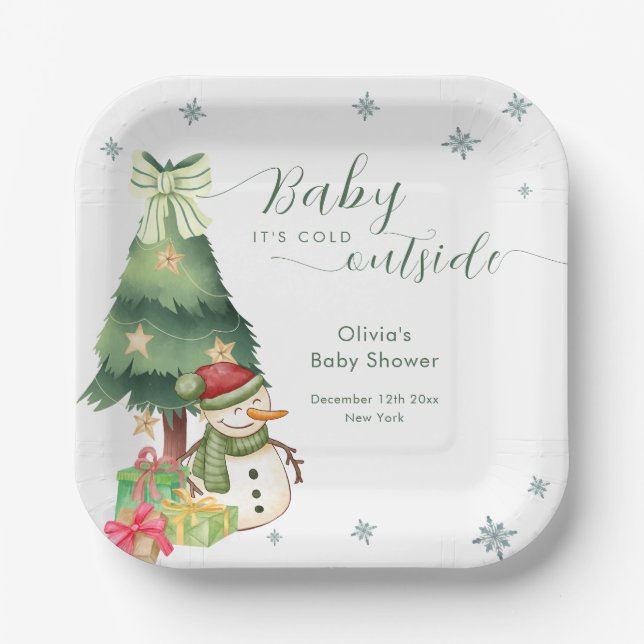 Plato De Papel Green Modern Winter Snowman Baby Shower (Anverso)