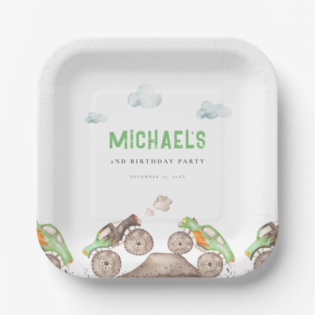 Plato De Papel Green Monster Trucks Jam Cumpleaños (Anverso)