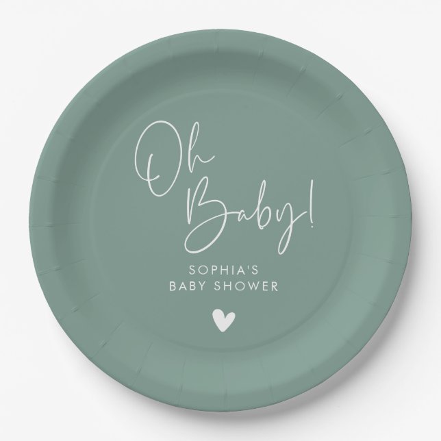 Plato De Papel Green Oh Baby Modern Boho Baby Shower (Anverso)