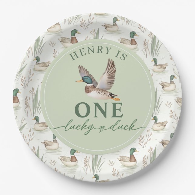 Plato De Papel Green One Lucky Duck 1er Birthday Paper Plates (Anverso)
