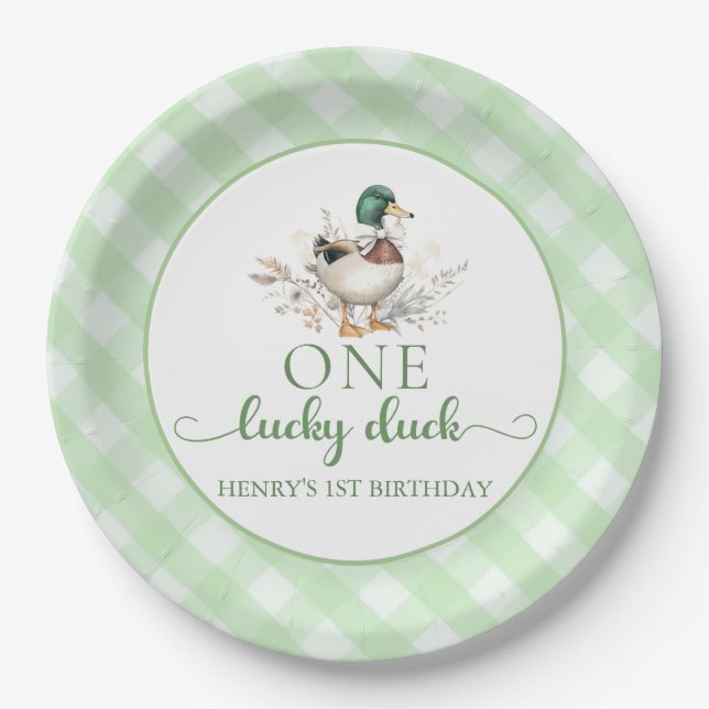 Plato De Papel Green One Lucky Duck 1er Birthday Paper Plates (Anverso)