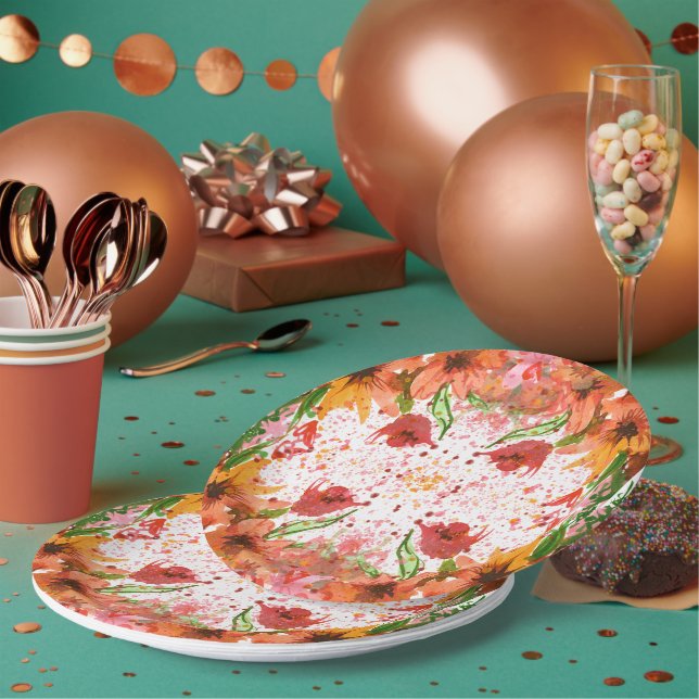 Plato De Papel Green & Orange Modern Abstract Floral (Multi)