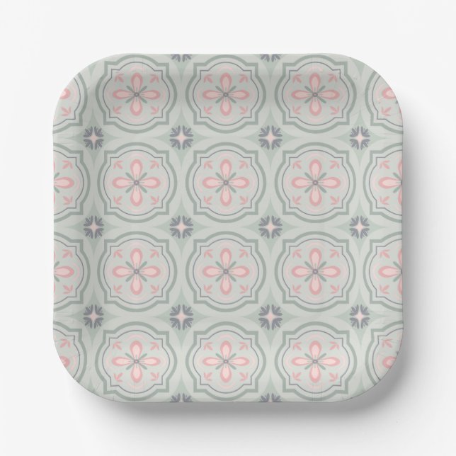 Plato De Papel Green Pastel Floral Tiles (Anverso)