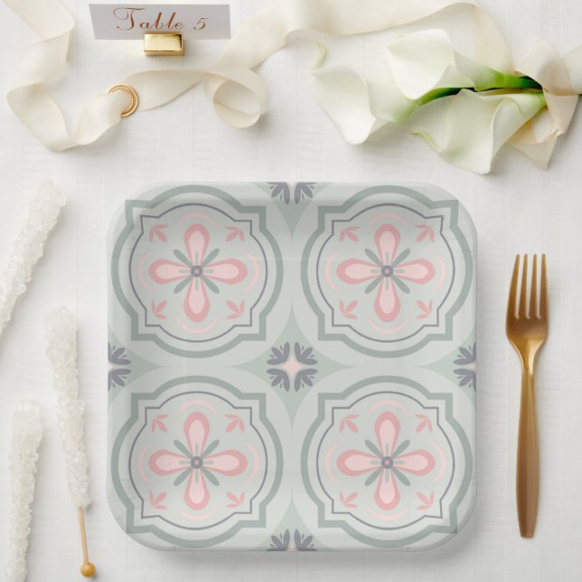 Plato De Papel Green Pastel Floral Tiles (Boda)