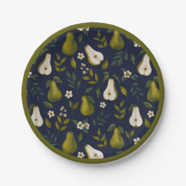 Plato De Papel Green Pear Watercolor Pattern on Dark Blue 
