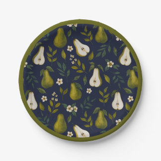 Plato De Papel Green Pear Watercolor Pattern on Dark Blue 