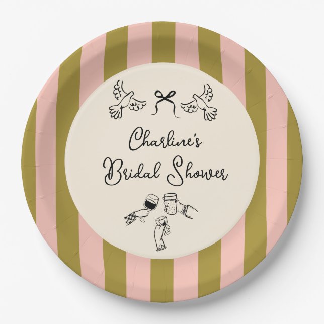 Plato De Papel Green Pink Striped Cute illustrated Bridal Shower (Anverso)
