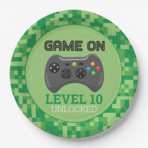 Plato De Papel Green Pixelated level up Video Game Party Birthday
