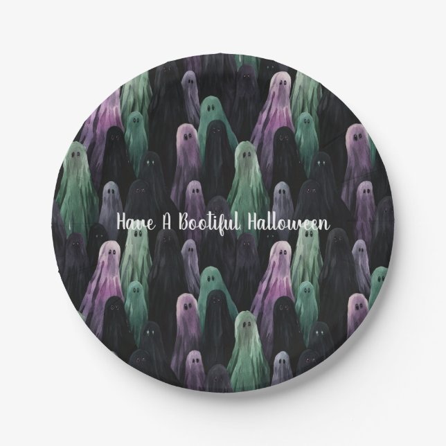 Plato De Papel Green Purple Black Ghosts Bootiful Halloween (Anverso)