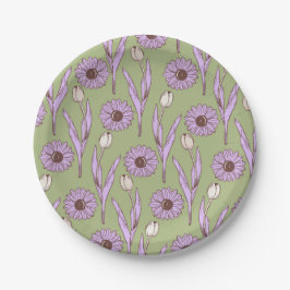 Plato De Papel Green Purple Retro Y2K Funky Hippie Flower Pattern