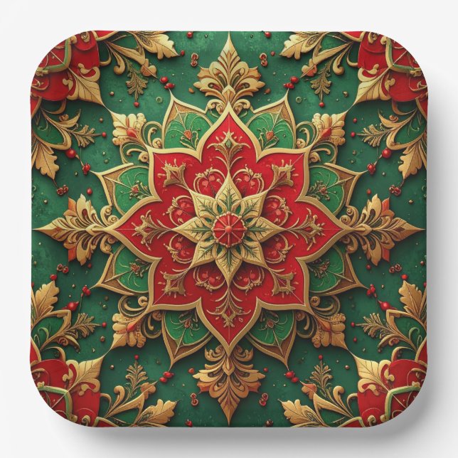 Plato De Papel Green Red Decorative Christmas Holiday Paper Plate (Anverso)