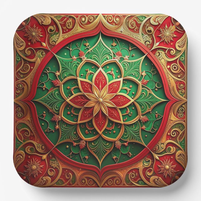 Plato De Papel Green Red Decorative Christmas Holiday Paper Plate (Anverso)