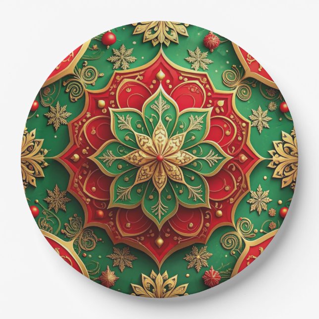 Plato De Papel Green Red Decorative Christmas Holiday Paper Plate (Anverso)