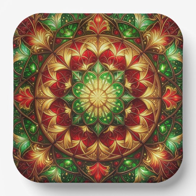 Plato De Papel Green Red Decorative Christmas Holiday Paper Plate (Anverso)