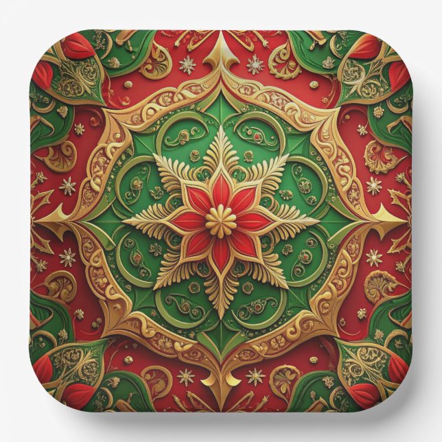 Plato De Papel Green Red Decorative Christmas Holiday Paper Plate (Anverso)