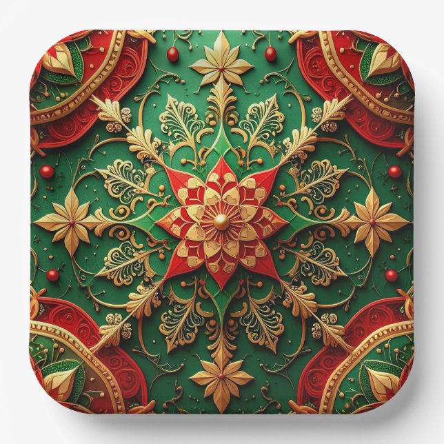 Plato De Papel Green Red Decorative Christmas Holiday Paper Plate (Anverso)