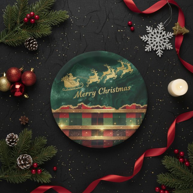 Plato De Papel Green Red Plaid Santa Sleigh Merry Christmas (Subido por el creador)