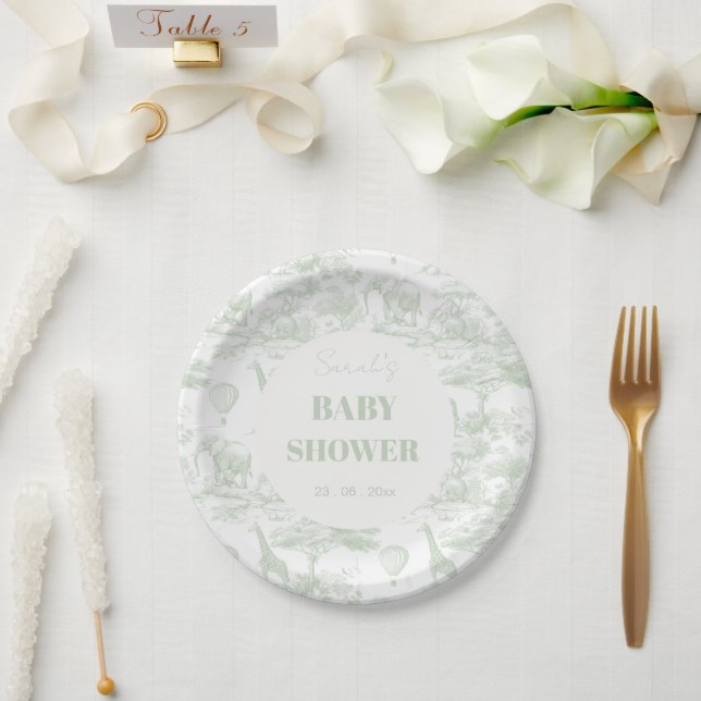 Plato De Papel Green Safari Toile D Jouy Jungle Tema Baby Shower (Boda)
