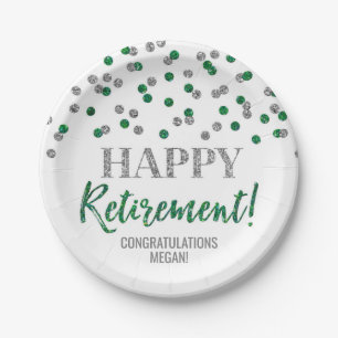 Plato De Papel Green Silver Confetti Happy Retirement