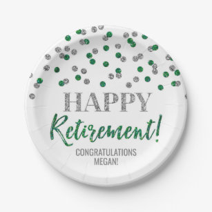 Plato De Papel Green Silver Confetti Happy Retirement