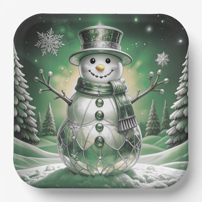 Plato De Papel Green Snowman Snowflakes Holiday Paper Plate (Anverso)