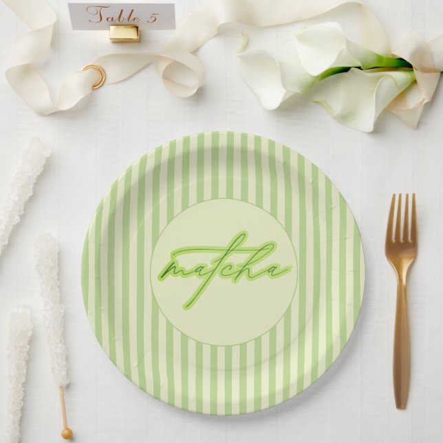 Plato De Papel Green Stripes Matcha Scripted Baby Shower  (Boda)