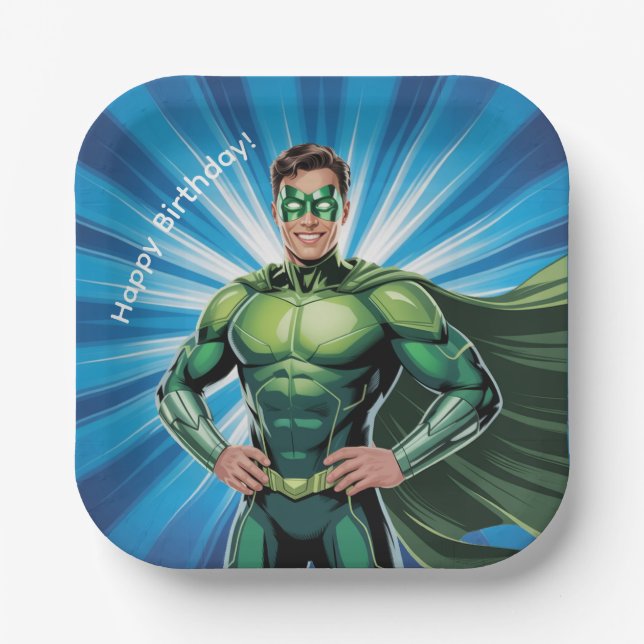 Plato De Papel Green Superhero Boys Birthday Party (Anverso)