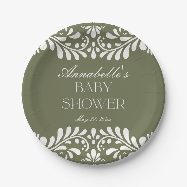 Plato De Papel Green Talavera Tile Spanish Fiesta Baby Shower (Anverso)