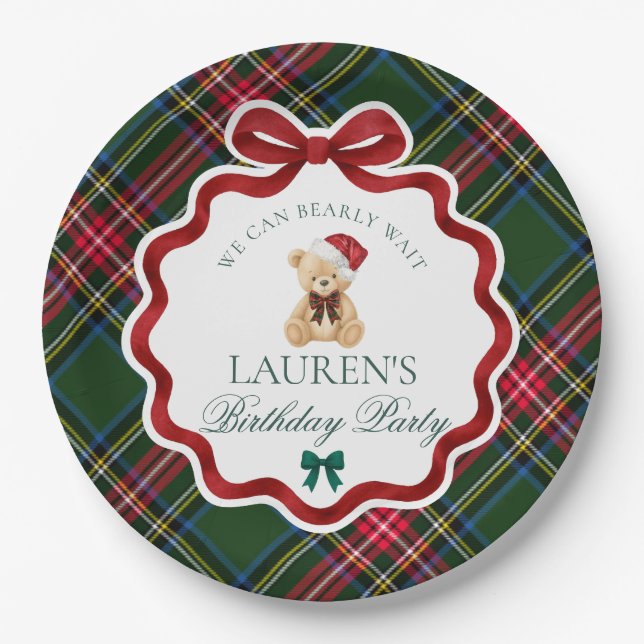 Plato De Papel Green Tartan Plaid Christmas Bear Birthday Party  (Anverso)