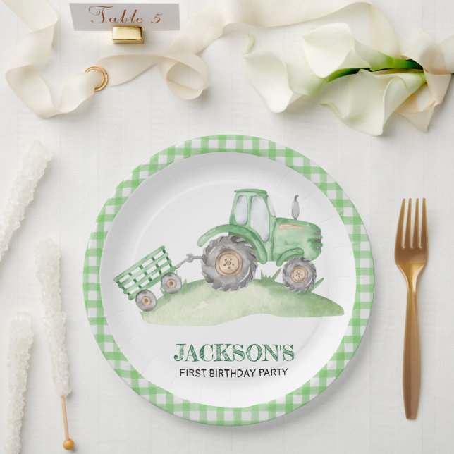 Plato De Papel Green Tractor Farm birthday paper plates (Boda)