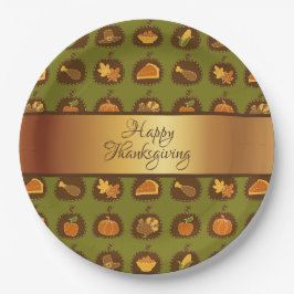 Plato De Papel Green Turkey & Pumpkin Shiney Gold Thankending