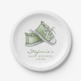 Plato De Papel Green Watercolor Baby Shoes Baby Shower