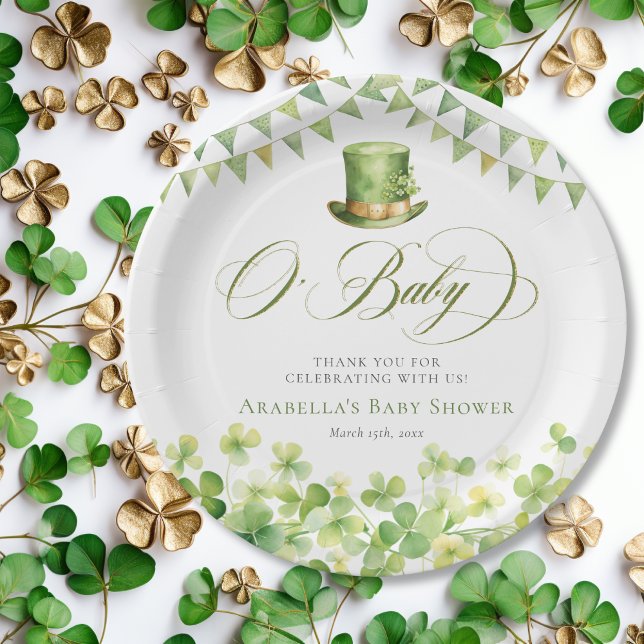 Plato De Papel Green Watercolor Shamrock Baby Shower (Green Watercolor Shamrock Baby Shower Paper Plates
)