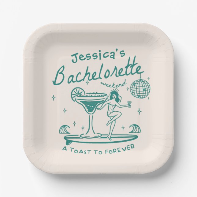 Plato De Papel Green Whimsical Hand dibujó Funky Bachelorette (Anverso)
