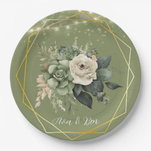 Plato De Papel Green White Peony Lights Boda