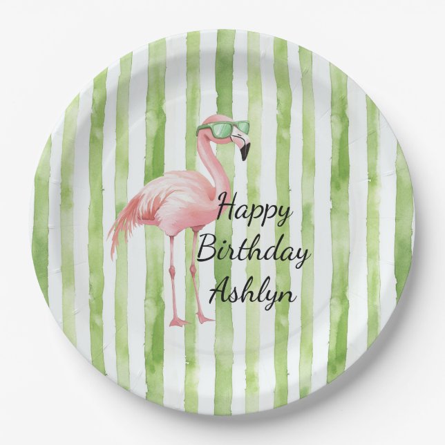 Plato De Papel Green White Stripes Pink Flamingo Cumpleaños (Anverso)