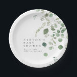 Plato De Papel Greenery Baby Shower<br><div class="desc">Se trata de platos sencillos y elegantes de eucalipto con papel para bebé, decorados con elementos de color agua verde y un estilo moderno. Edite todo el texto y todos los colores* en esta plantilla de programa de boda. * el color de la vegetación acuática no es editable // Para...</div>