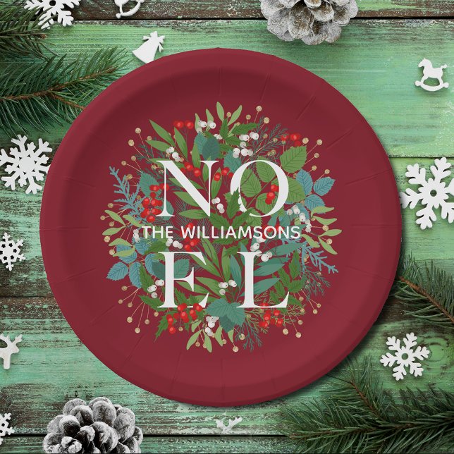 Plato De Papel Greenery Berries NOEL Navidades Pequeños (Greenery and Berries NOEL Christmas Holiday Small Paper Plates)