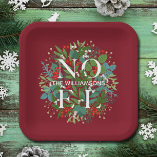 Plato De Papel Greenery Berries NOEL Navidades Red