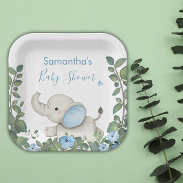 Plato De Papel Greenery Blue Floral Elephant Baby Shower
