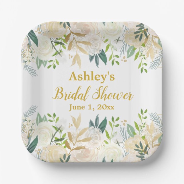 Plato De Papel Greenery Bridal Shower White Gold Engagement Party (Anverso)