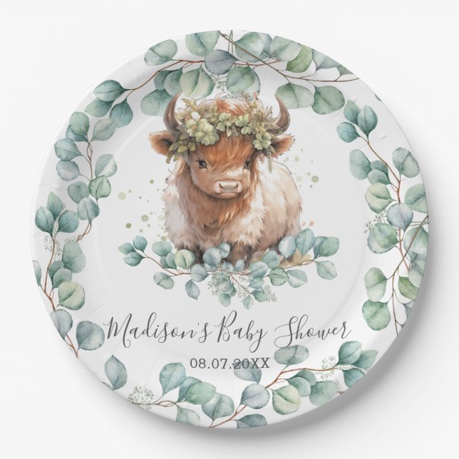 Plato De Papel Greenery Cute Highland Cow Baby Shower Cumpleaños (Anverso)