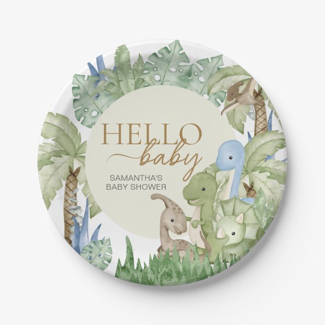 Plato De Papel Greenery Dinosaur Baby Shower (Anverso)