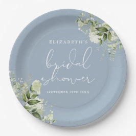 Plato De Papel Greenery Elegante Polvo Floral Azul Nupcial