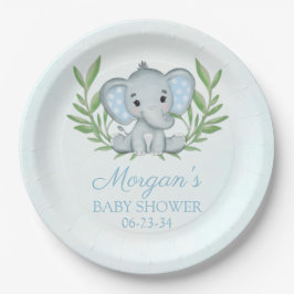 Plato De Papel Greenery Elephant Blue Boy Baby Shower